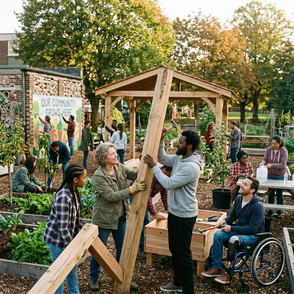 Group of diverse volunteers assembling wooden frame in a community garden
