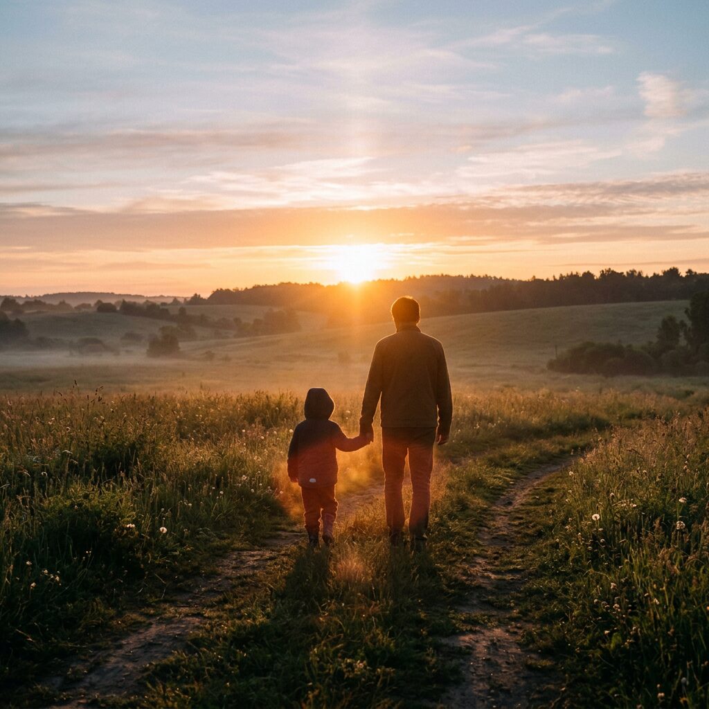 A man and child holding hands walking on a dirt path in a grassy field with the sun setting ahead.