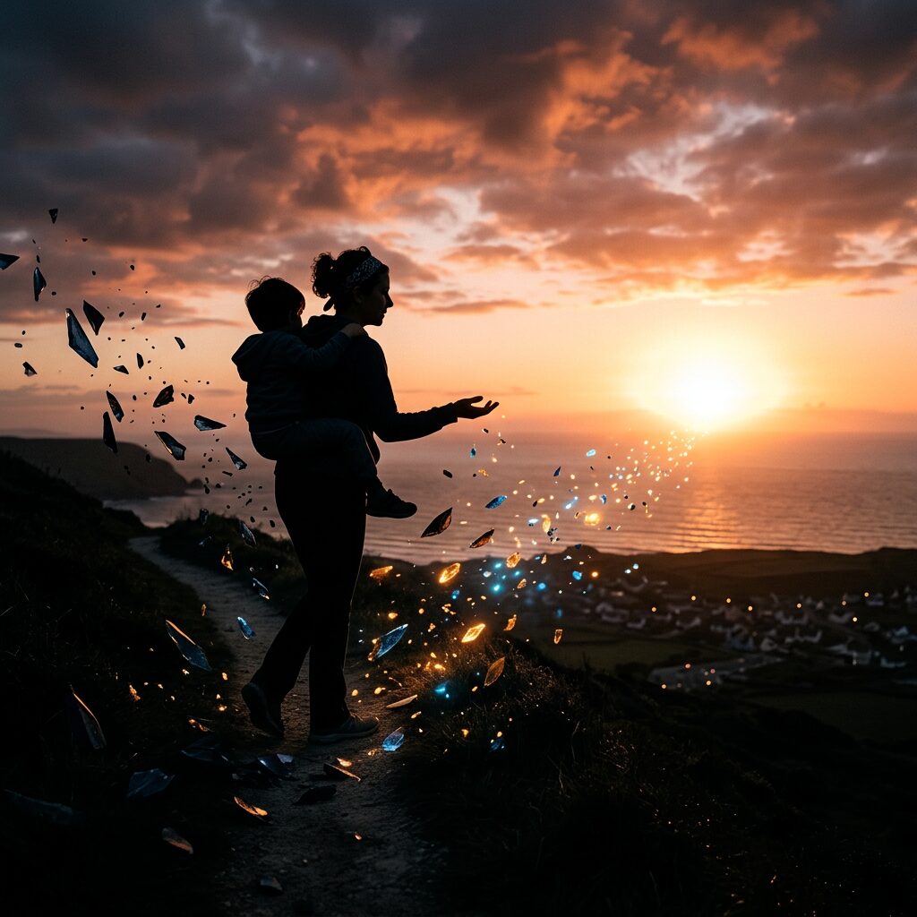 Silhouetted person holding child with glowing floating shards at sunset over ocean and village