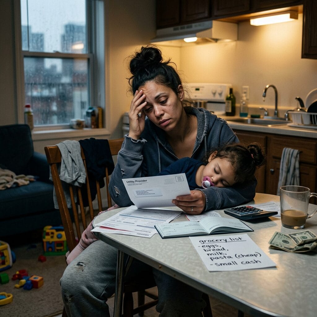 Worried mother holding a sleeping toddler while looking at utility bills at a kitchen table
